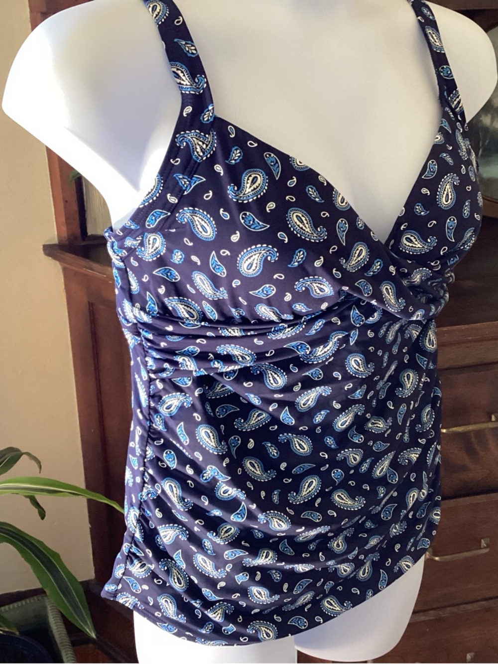 Lands' End Navy & Bright Blue PaisleyTummy Control Swim Tankini Top NWOT Size 14